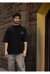 Unisex Bisiklet Yaka Baskılı Oversize T-shirt - Siyah