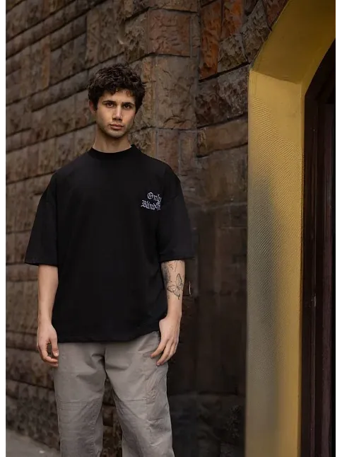 Unisex Bisiklet Yaka Baskılı Oversize T-shirt - Siyah