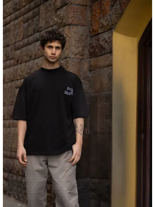 Unisex Bisiklet Yaka Baskılı Oversize T-shirt - Siyah