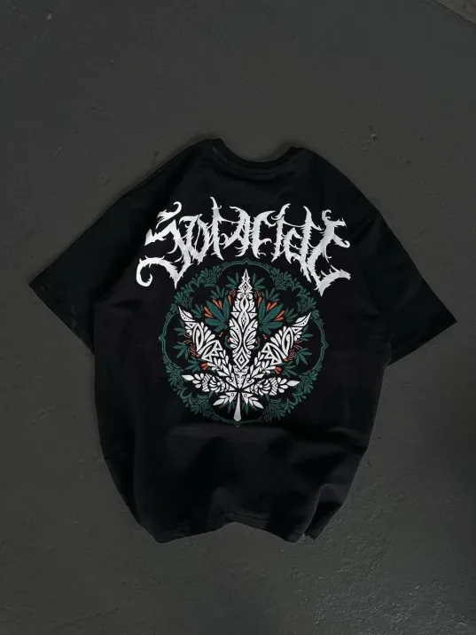 Unisex Bisiklet Yaka Baskılı Oversize T-Shirt - Siyah Unisex Bisiklet Yaka Baskılı Oversize T-Shirt - Siyah