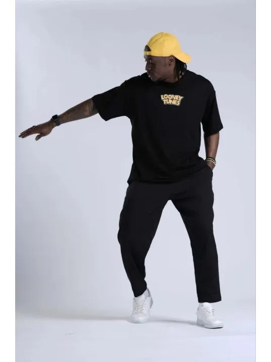 Unisex Bisiklet Yaka Baskılı Oversize T-Shirt - Siyah Unisex Bisiklet Yaka Baskılı Oversize T-Shirt - Siyah