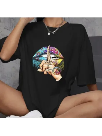 Unisex Bisiklet Yaka Baskılı Oversize T-Shirt - Siyah Unisex Bisiklet Yaka Baskılı Oversize T-Shirt - Siyah