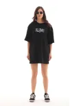 Unisex Bisiklet Yaka Baskılı Oversize T-shirt - Siyah