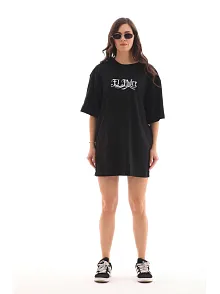 Unisex Bisiklet Yaka Baskılı Oversize T-shirt - Siyah