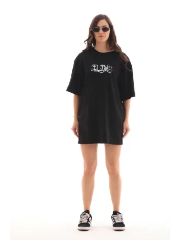 Unisex Bisiklet Yaka Baskılı Oversize T-Shirt - Siyah Unisex Bisiklet Yaka Baskılı Oversize T-Shirt - Siyah