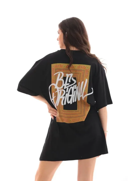 Unisex Bisiklet Yaka Baskılı Oversize T-Shirt - Siyah