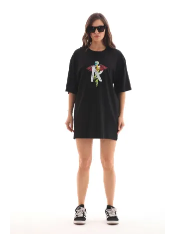 Unisex Bisiklet Yaka Baskılı Oversize T-Shirt - Siyah Unisex Bisiklet Yaka Baskılı Oversize T-Shirt - Siyah