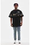 Unisex Bisiklet Yaka Baskılı Oversize T-shirt - Siyah