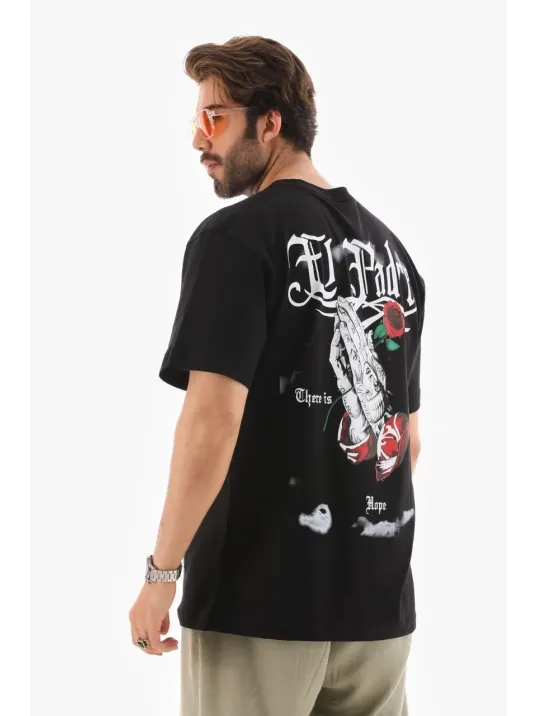 Unisex Bisiklet Yaka Baskılı Oversize T-Shirt - Siyah