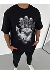 Unisex Bisiklet Yaka Baskılı Oversize T-shirt - Siyah