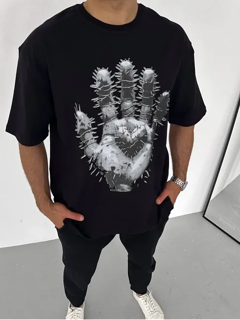Unisex Bisiklet Yaka Baskılı Oversize T-shirt - Siyah