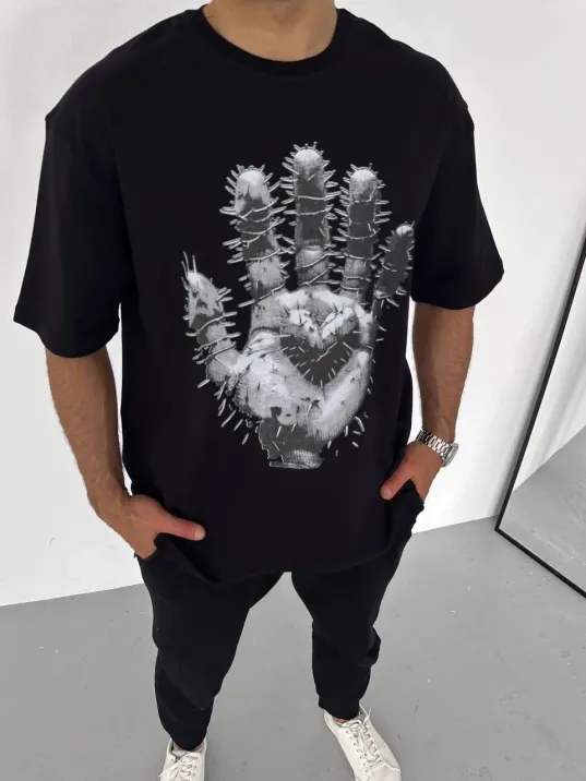 Unisex Bisiklet Yaka Baskılı Oversize T-Shirt - Siyah Unisex Bisiklet Yaka Baskılı Oversize T-Shirt - Siyah