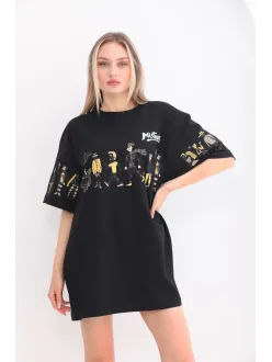 Unisex Bisiklet Yaka Baskılı Oversize T-shirt - Siyah Unisex Bisiklet Yaka Baskılı Oversize T-shirt - Siyah