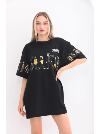 Unisex Bisiklet Yaka Baskılı Oversize T-Shirt - Siyah Unisex Bisiklet Yaka Baskılı Oversize T-Shirt - Siyah