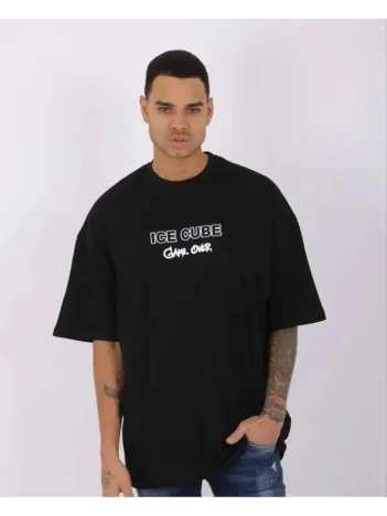 Unisex Bisiklet Yaka Baskılı Oversize T-shirt - Siyah