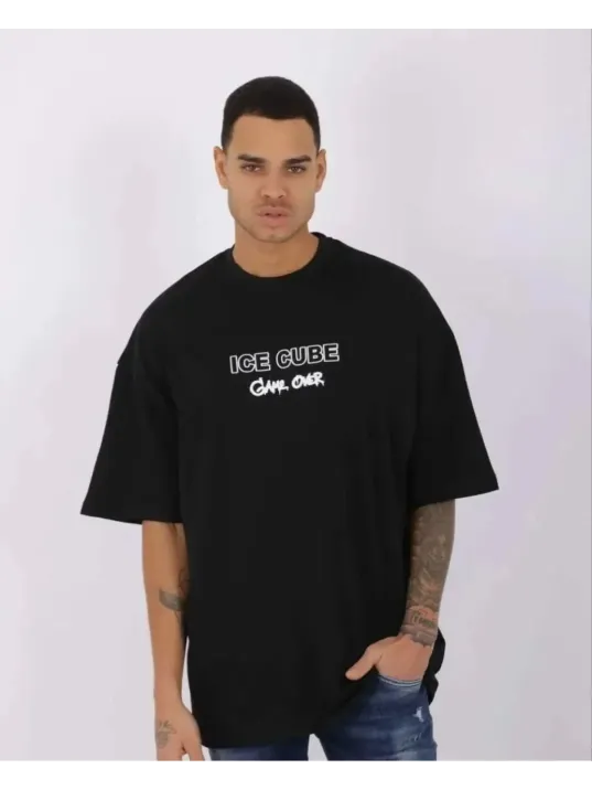 Unisex Bisiklet Yaka Baskılı Oversize T-shirt - Siyah