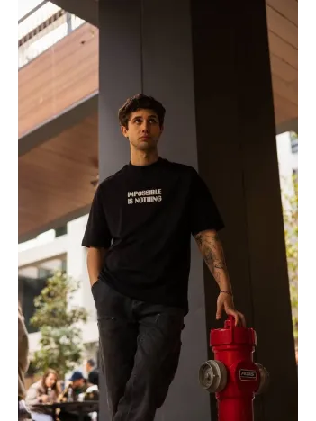 Unisex Bisiklet Yaka Baskılı Oversize T-Shirt - Siyah Unisex Bisiklet Yaka Baskılı Oversize T-Shirt - Siyah