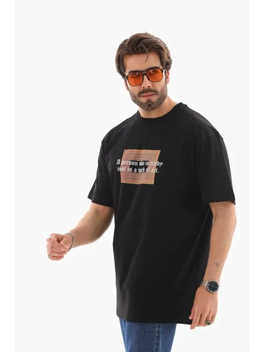 Unisex Bisiklet Yaka Baskılı Oversize T-Shirt - Siyah Unisex Bisiklet Yaka Baskılı Oversize T-Shirt - Siyah
