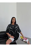 Unisex Bisiklet Yaka Baskılı Oversize T-shirt - Siyah