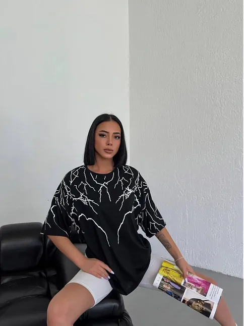 Unisex Bisiklet Yaka Baskılı Oversize T-shirt - Siyah