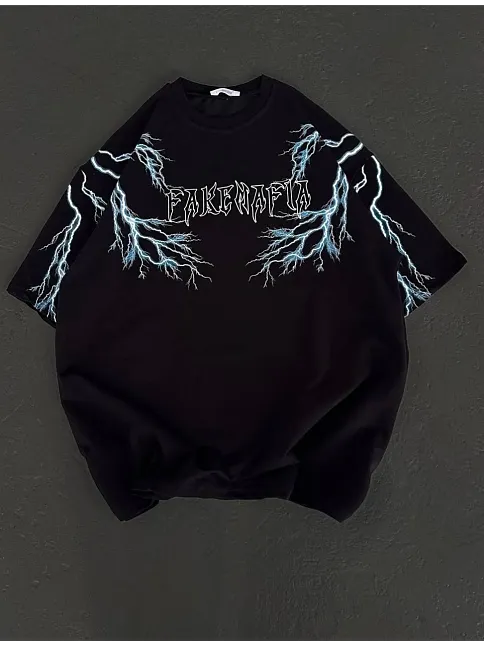 Kadın Bisiklet Yaka Baskılı  Kısa Kol Oversize T-shirt - Siyah