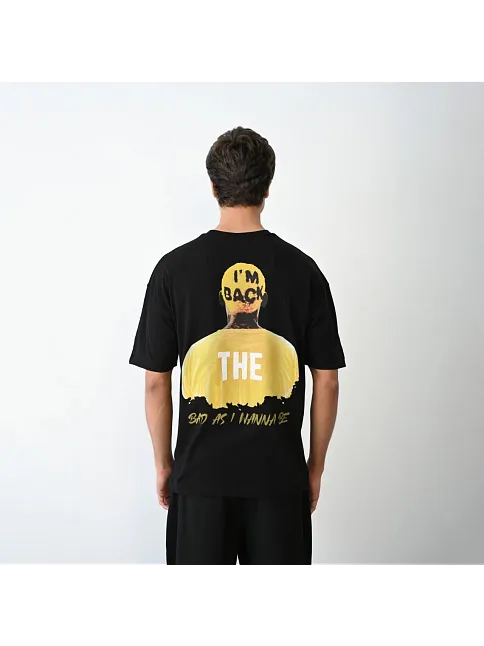 Unisex Bisiklet Yaka Baskılı Oversize T-shirt - Siyah