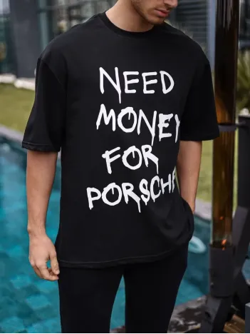 Unisex Bisiklet Yaka Baskılı Oversize T-shirt - Siyah