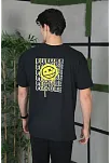 Unisex Bisiklet Yaka Baskılı Oversize T-shirt - Siyah
