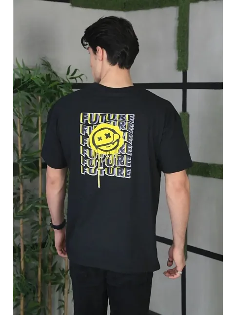 Unisex Bisiklet Yaka Baskılı Oversize T-shirt - Siyah