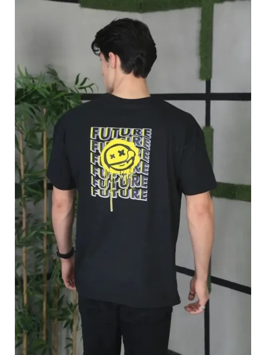 Unisex Bisiklet Yaka Baskılı Oversize T-Shirt - Siyah Unisex Bisiklet Yaka Baskılı Oversize T-Shirt - Siyah