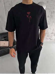 Unisex Bisiklet Yaka Baskılı Oversize T-shirt - Siyah