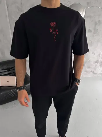 Unisex Bisiklet Yaka Baskılı Oversize T-Shirt - Siyah Unisex Bisiklet Yaka Baskılı Oversize T-Shirt - Siyah