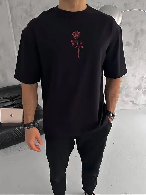Unisex Bisiklet Yaka Baskılı Oversize T-shirt - Siyah