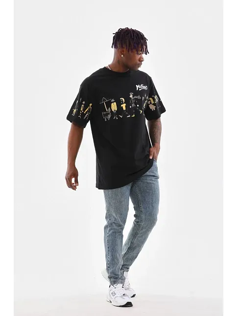 Unisex Bisiklet Yaka Baskılı Oversize T-shirt - Siyah