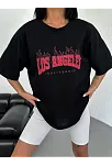 Unisex Bisiklet Yaka Baskılı Oversize T-shirt - Siyah