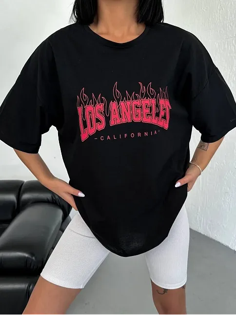 Unisex Bisiklet Yaka Baskılı Oversize T-shirt - Siyah