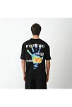 Unisex Bisiklet Yaka Baskılı Oversize T-shirt - Siyah
