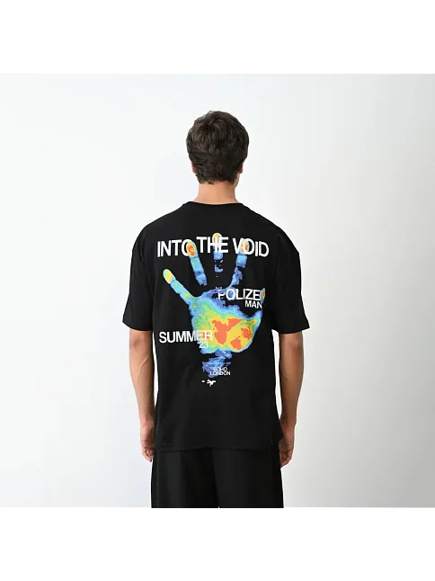 Unisex Bisiklet Yaka Baskılı Oversize T-shirt - Siyah