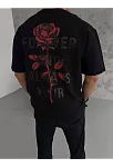 Unisex Bisiklet Yaka Baskılı Oversize T-shirt - Siyah
