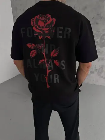 Unisex Bisiklet Yaka Baskılı Oversize T-Shirt - Siyah Unisex Bisiklet Yaka Baskılı Oversize T-Shirt - Siyah