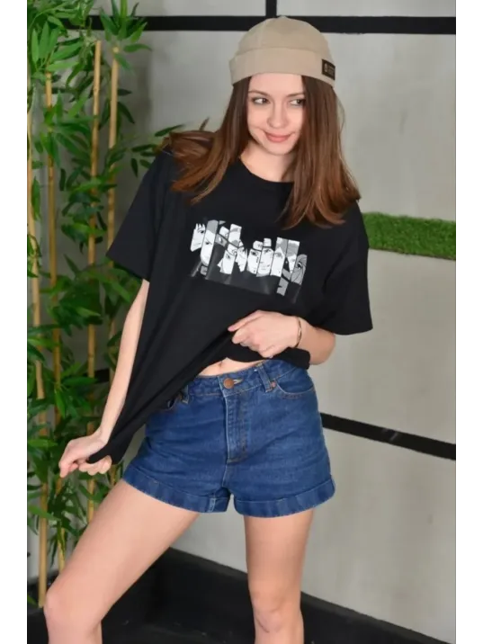 Unisex Bisiklet Yaka Baskılı Oversize T-Shirt - Siyah