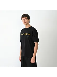 Unisex Bisiklet Yaka Baskılı Oversize T-shirt - Siyah