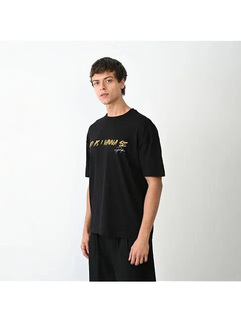 Unisex Bisiklet Yaka Baskılı Oversize T-shirt - Siyah