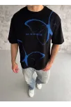 Unisex Bisiklet Yaka Baskılı Oversize T-shirt - Siyah