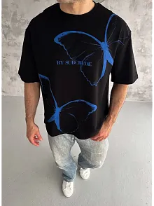 Unisex Bisiklet Yaka Baskılı Oversize T-shirt - Siyah