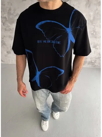 Unisex Bisiklet Yaka Baskılı Oversize T-shirt - Siyah