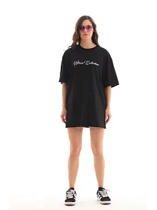Unisex Bisiklet Yaka Baskılı Oversize T-shirt - Siyah