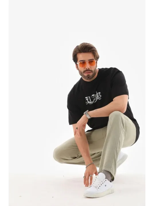 Unisex Bisiklet Yaka Baskılı Oversize T-Shirt - Siyah