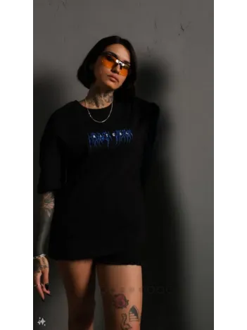 Unisex Bisiklet Yaka Baskılı Oversize T-Shirt - Siyah Unisex Bisiklet Yaka Baskılı Oversize T-Shirt - Siyah