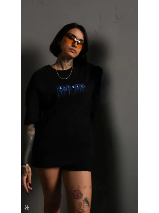 Unisex Bisiklet Yaka Baskılı Oversize T-Shirt - Siyah Unisex Bisiklet Yaka Baskılı Oversize T-Shirt - Siyah